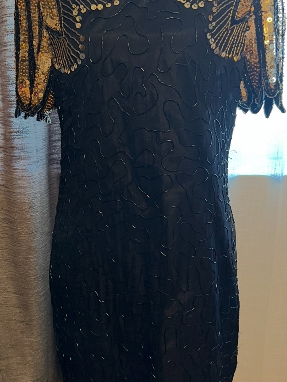 Elegant Black Dress with Gold Sequin Short Sleeves